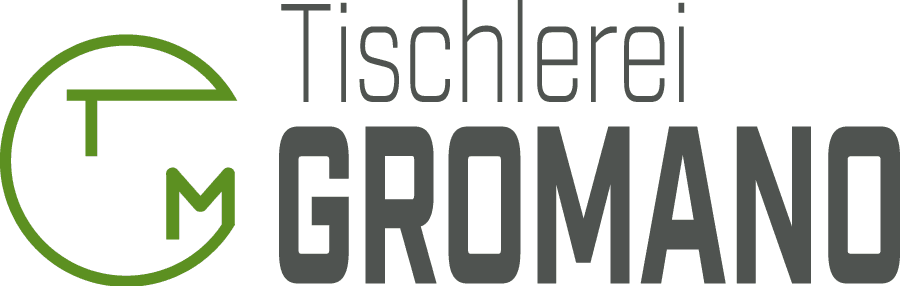 Logo der Tischlerei Gromano mit einem stilisierten T und M in Gr&uuml;n und dem Schriftzug in Grau.