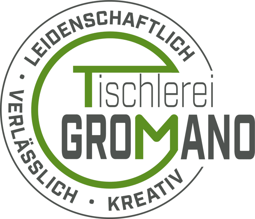 Logo der Tischlerei Gromano mit dem Schriftzug "Leidenschaftlich, Verl&auml;sslich, Kreativ" in Schwarz und Gr&uuml;n.
